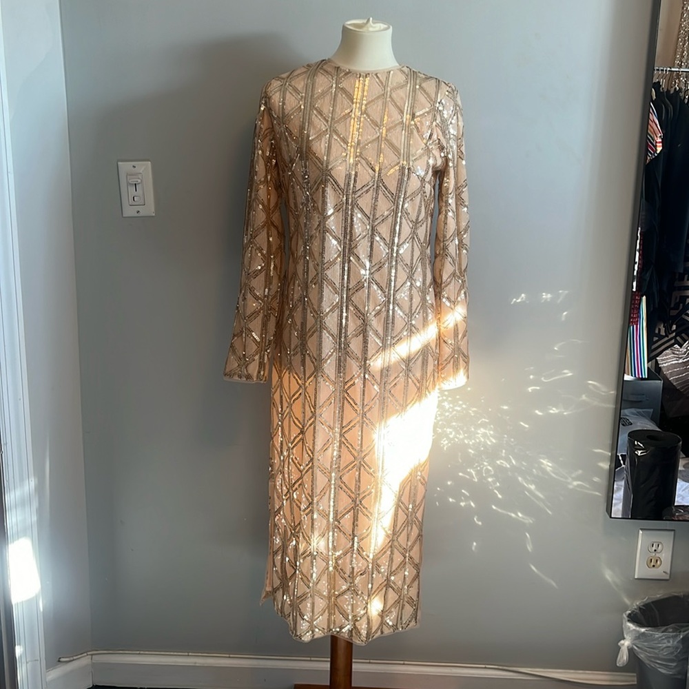 TFNC LONDON — Beige Sequined Maxi Dress; open back and side slits